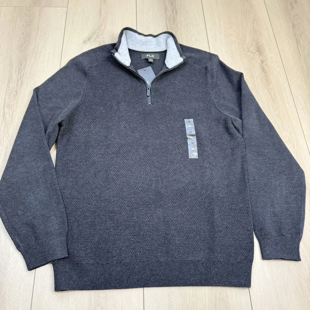 NEW FLX 1/4 Zip Sweater Men's M Charcoal Gray Mock Neck Pullover Knit Bangladesh